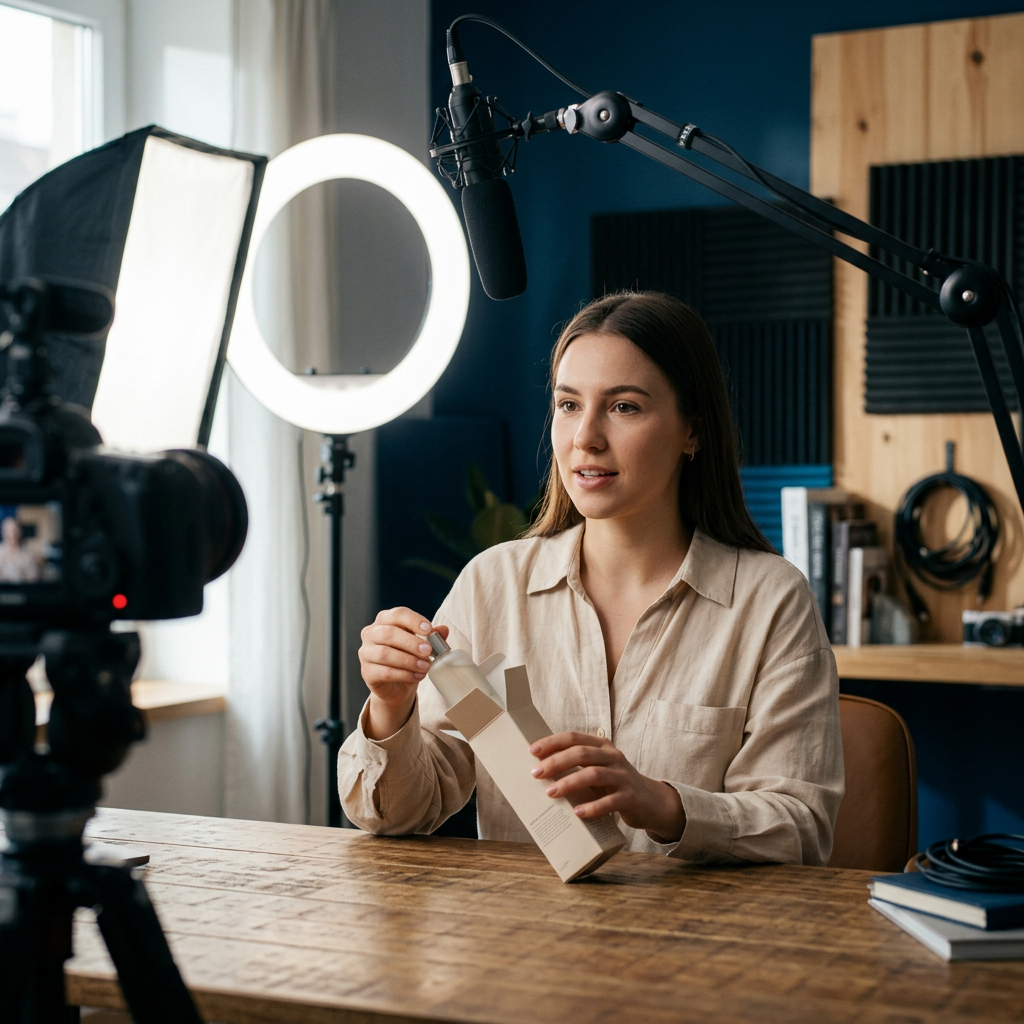 A professional photography studio setup with high-end ring lights, microphones, and a creator unboxing a premium skincar