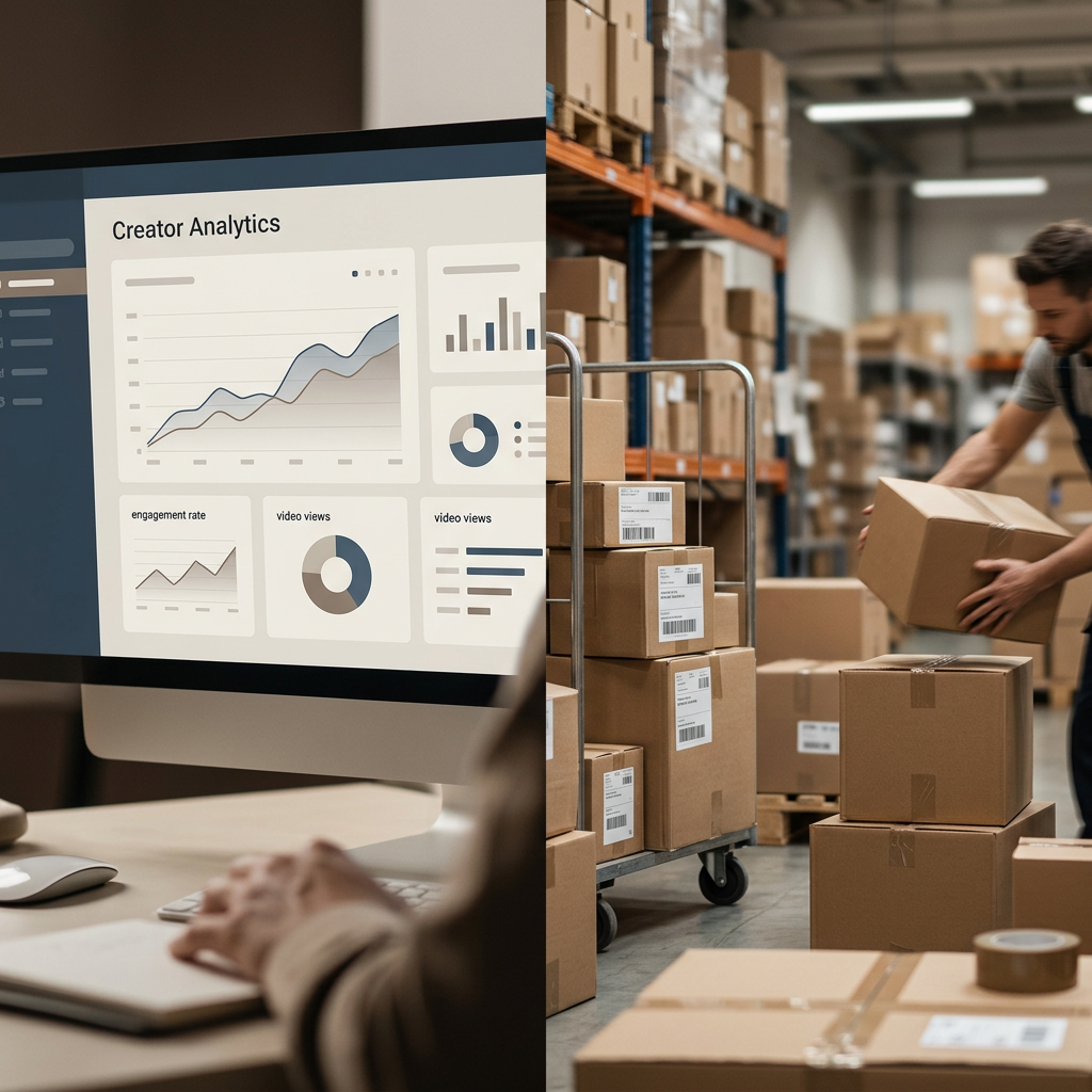 A split-screen digital dashboard showing creator analytics on one side and a shipping warehouse floor with boxes on the