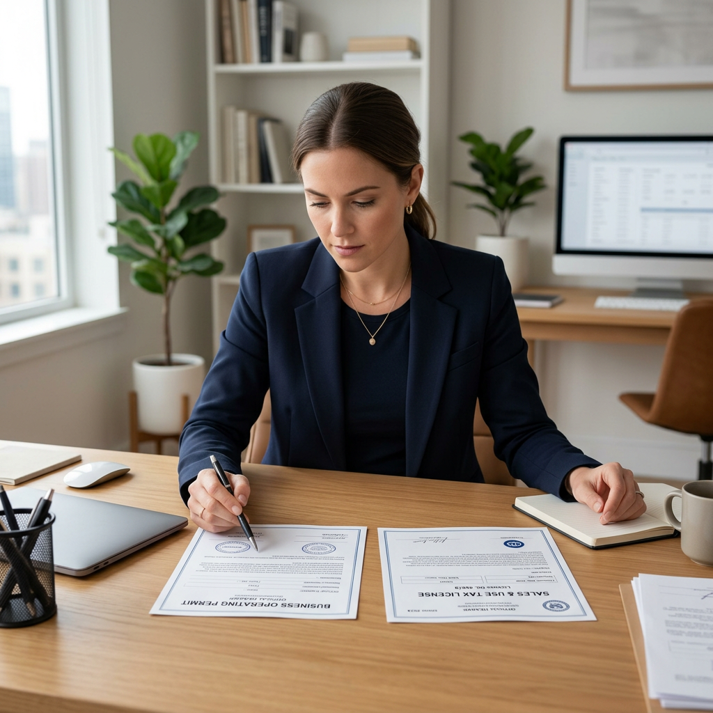 A focused entrepreneur at a clean desk comparing two official documents, one labeled Permit and one labeled License, sof