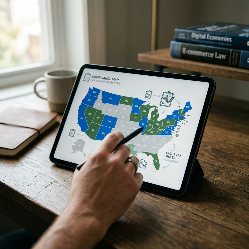 A digital tablet displaying a tax compliance map of the United States with various states highlighted in blue and green