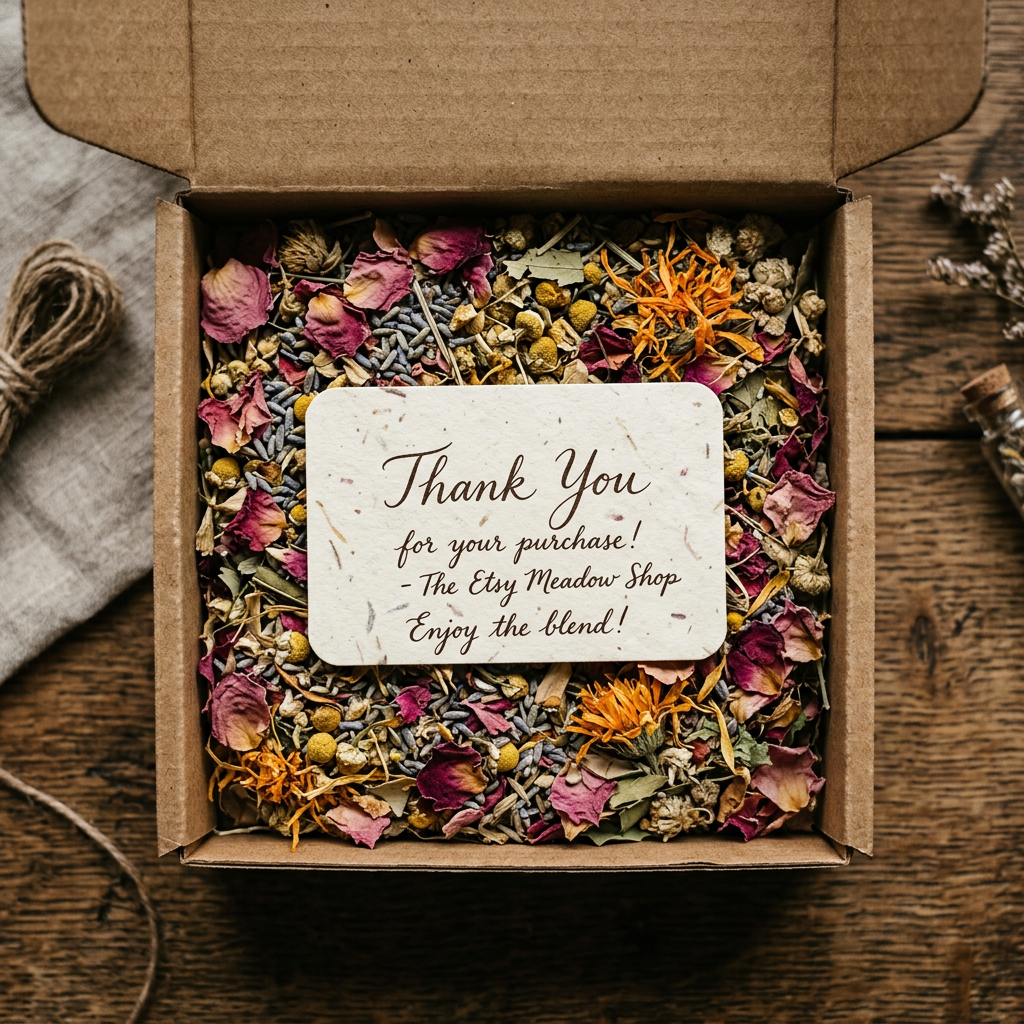 A flat lay showing an open cardboard box filled with dried botanical petals and a recycled paper thank you card