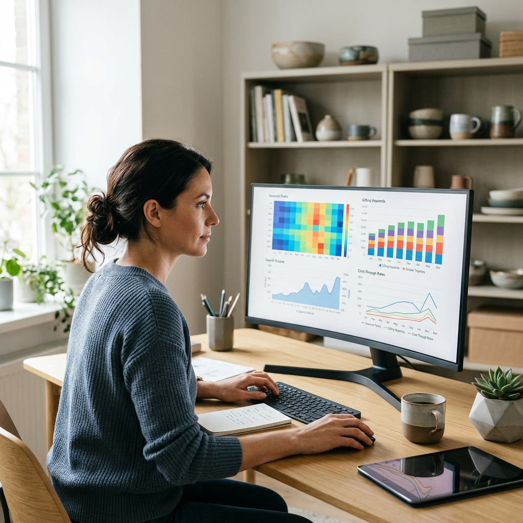 A modern home office with a sleek curved monitor displaying complex data visualizations and heatmaps of retail trends, s