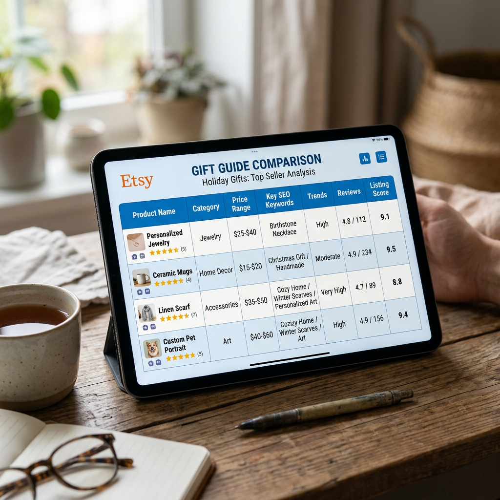 A close-up of a tablet screen showing a detailed product comparison table with blue and white interface design
