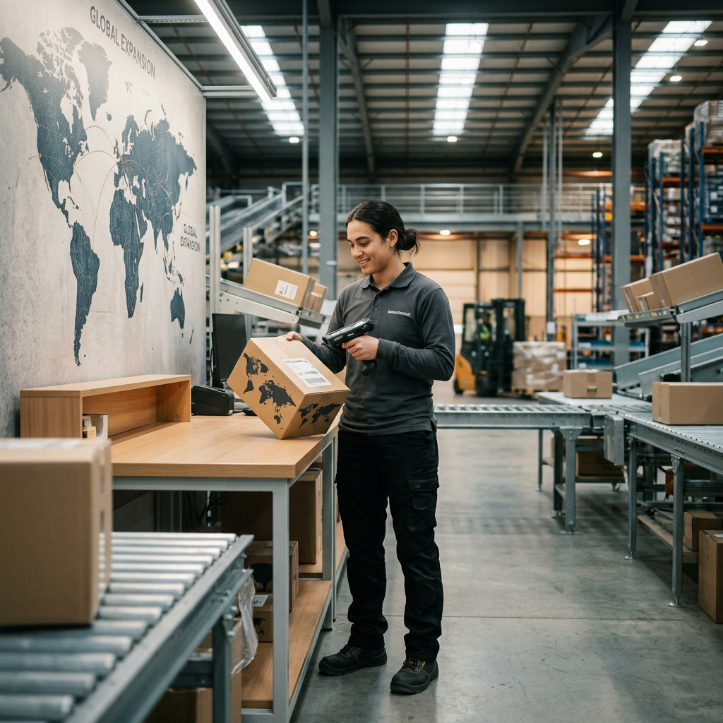 A modern warehouse worker in a high-tech shipping hub inspecting a package with world map graphics on the wall