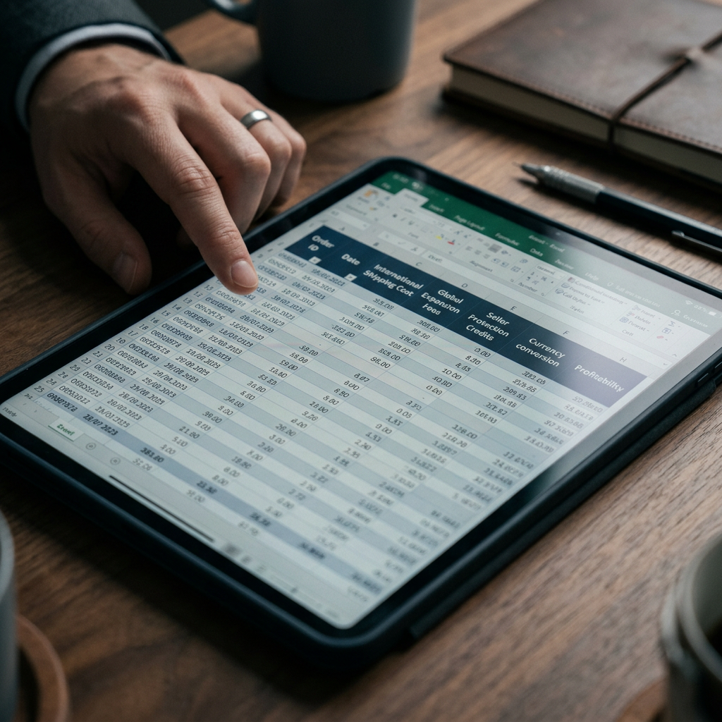 A close-up of a digital tablet showing a financial spreadsheet with columns for international shipping and seller protec