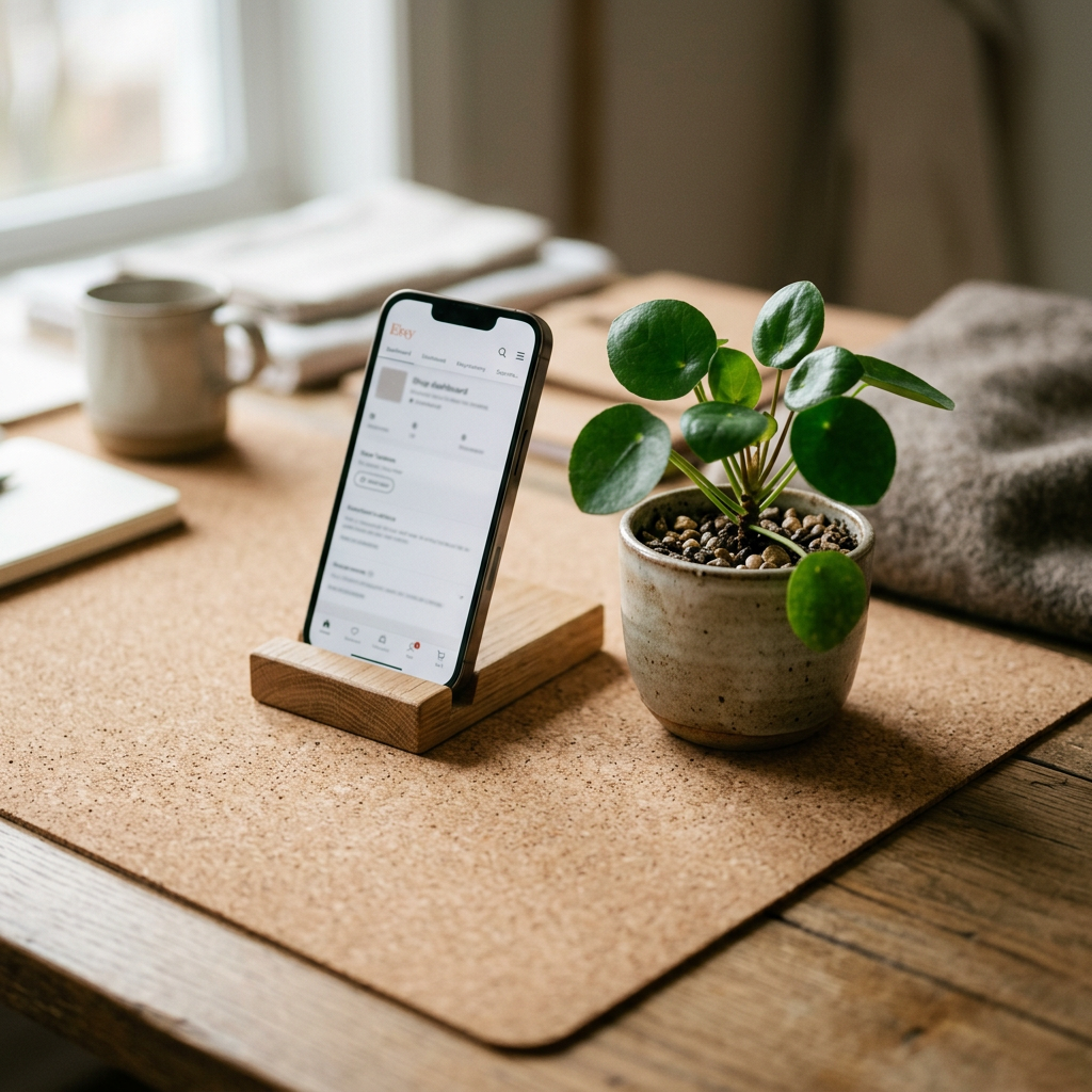 Close-up of a tactile cork desk mat with a minimalist wooden phone stand and a green potted plant in soft natural light