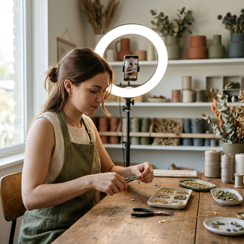 A ring light set up behind a craft table where a maker is assembling a piece of custom jewelry for a video
