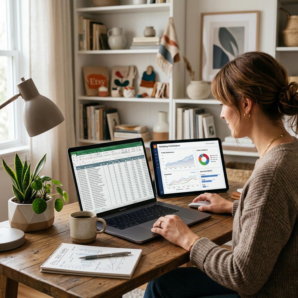 A modern home office desk with a laptop displaying a complex financial spreadsheet and a digital marketing dashboard sho