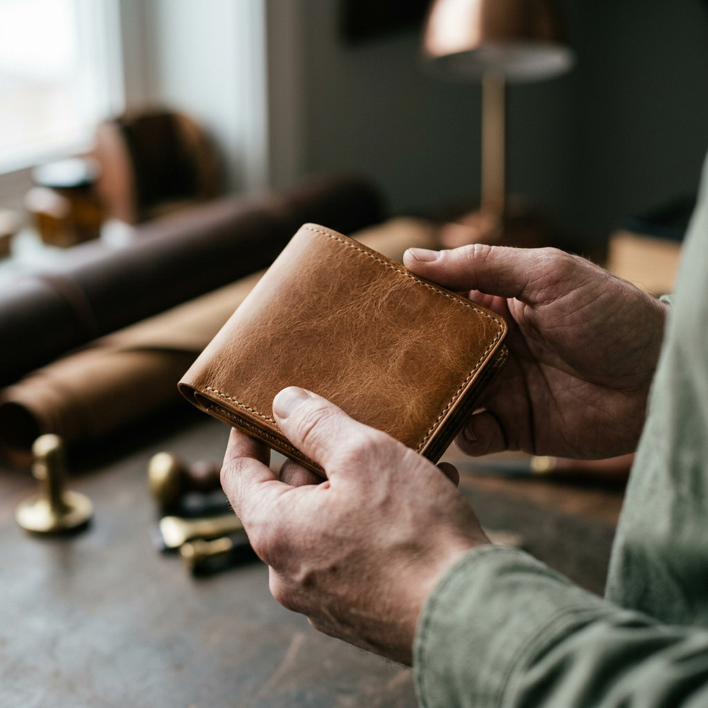 A close-up of a high-quality leather artisan wallet held by hands, with a background blur emphasizing product texture an