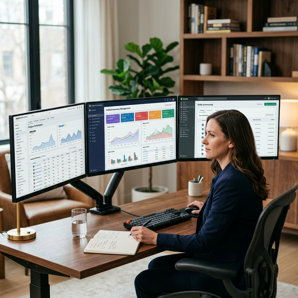 A high-end home office setup with three monitors showing live inventory dashboards, sales charts, and various marketplac