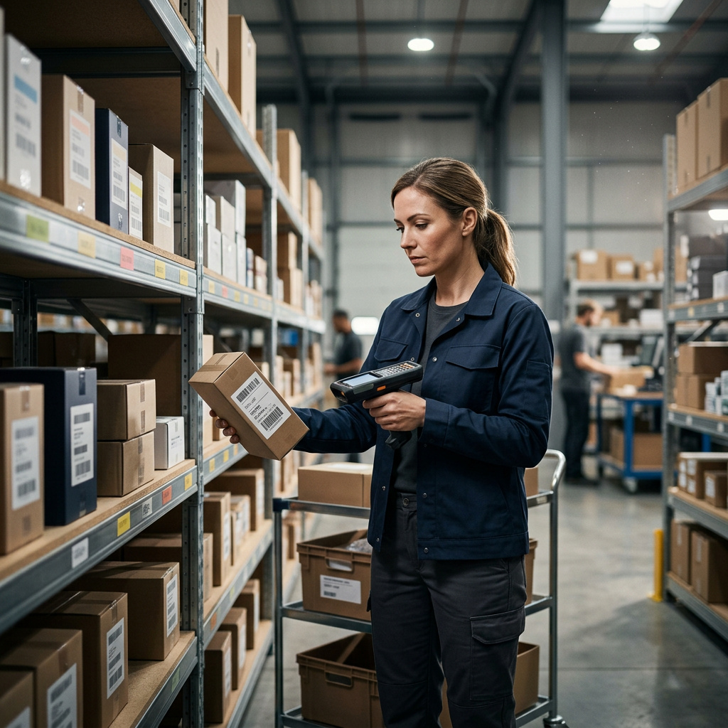 A modern warehouse environment where a worker uses a hand-held scanner to pick items from shelves organized by SKU.