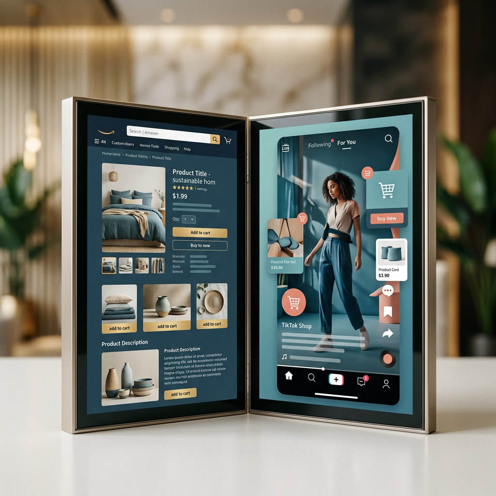 A split-screen graphic showing an Amazon product page on the left and a TikTok Shop video interface on the right.