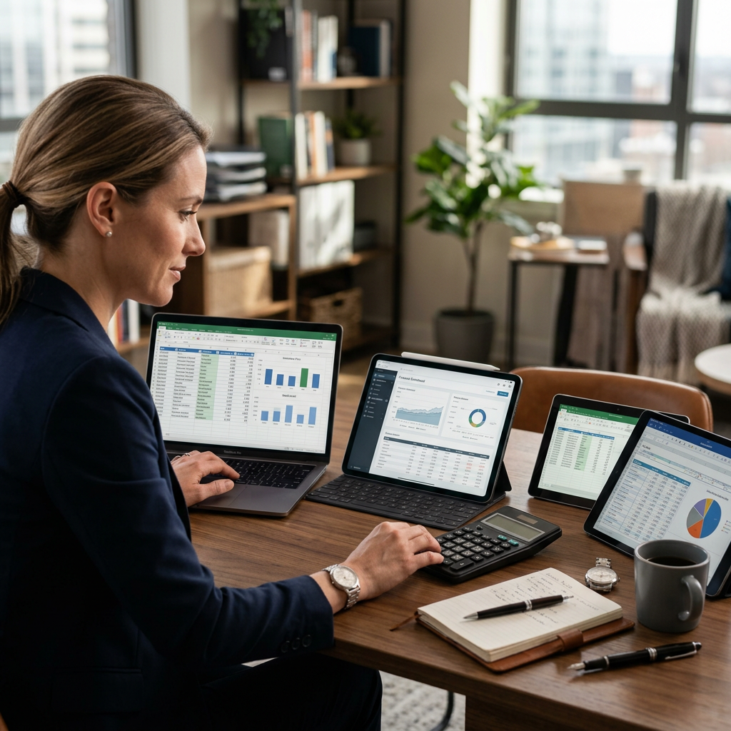 A professional desk with a laptop, a calculator, and several tablet devices showing different financial spreadsheets.