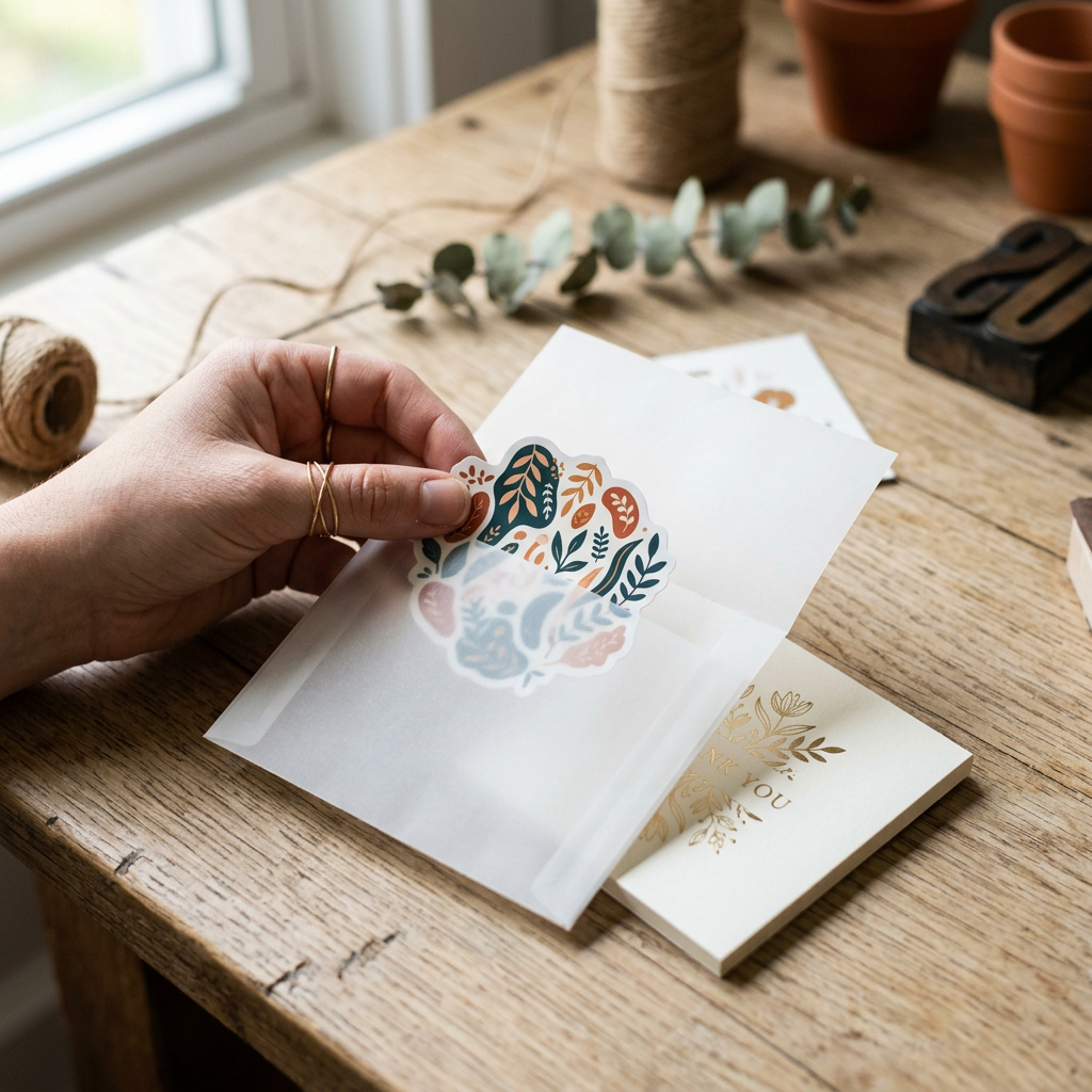 A hand placing a colorful sticker into a branded vellum sleeve with a thank you card on a wooden surface