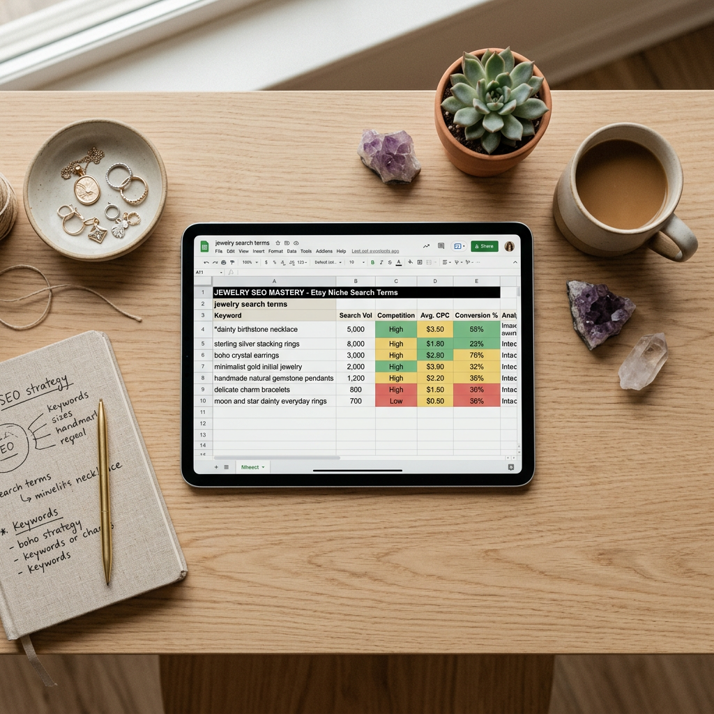A top-down view of a minimalist workspace with a tablet showing a complex spreadsheet of niche jewelry search terms