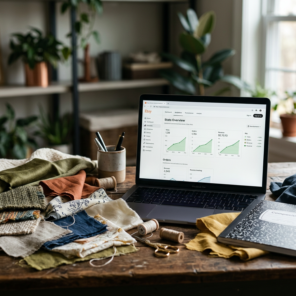 A creative desk with multiple fabric swatches and a laptop showing an Etsy shop dashboard with green growth charts