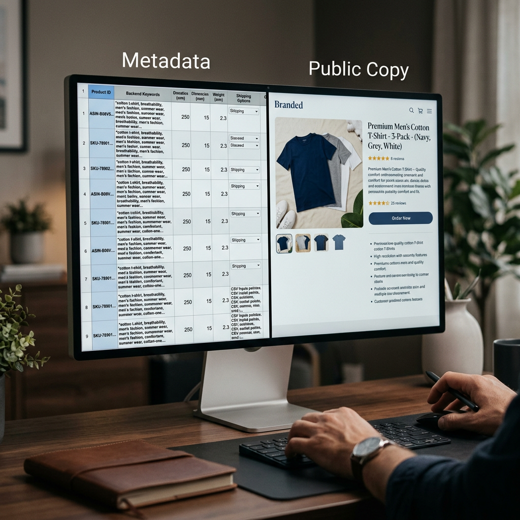 A split-screen visual showing a digital dashboard on one side and a clean consumer product page on the other, representi