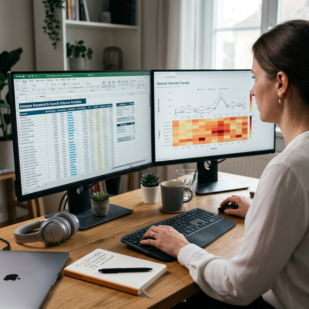 A close-up of a professional workstation with two monitors displaying complex spreadsheets of keyword data and search vo