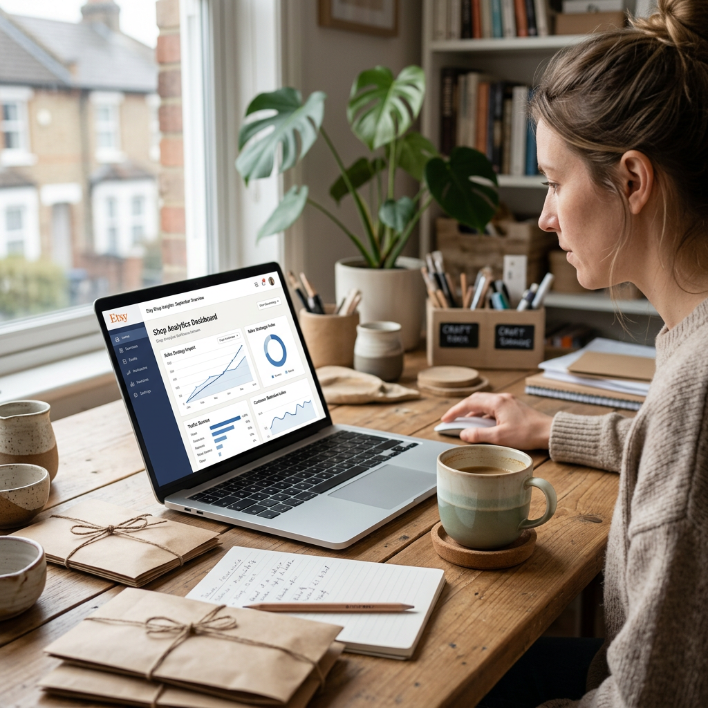 An organized home office desk with a laptop displaying an Etsy SEO analytics dashboard and a cup of coffee