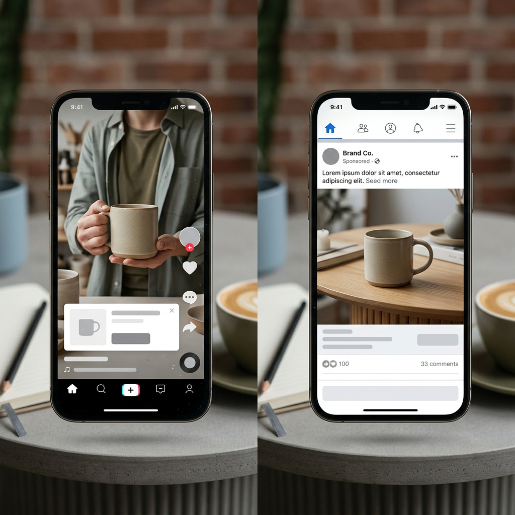 A split-screen comparison showing a native TikTok Shop product card overlaying a video versus a standard Facebook mobile