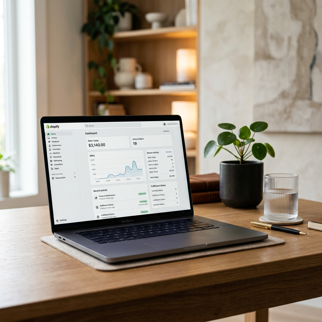 A minimalist home office desk with a high-end laptop showing a clean Shopify dashboard next to a glass of water