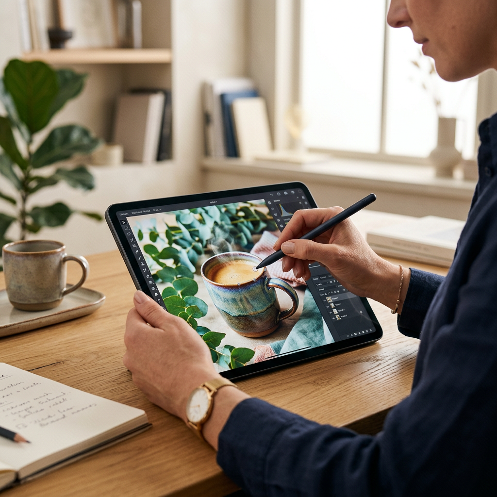 A close-up of a hand using a stylus on a tablet to edit a vibrant product photograph for a website
