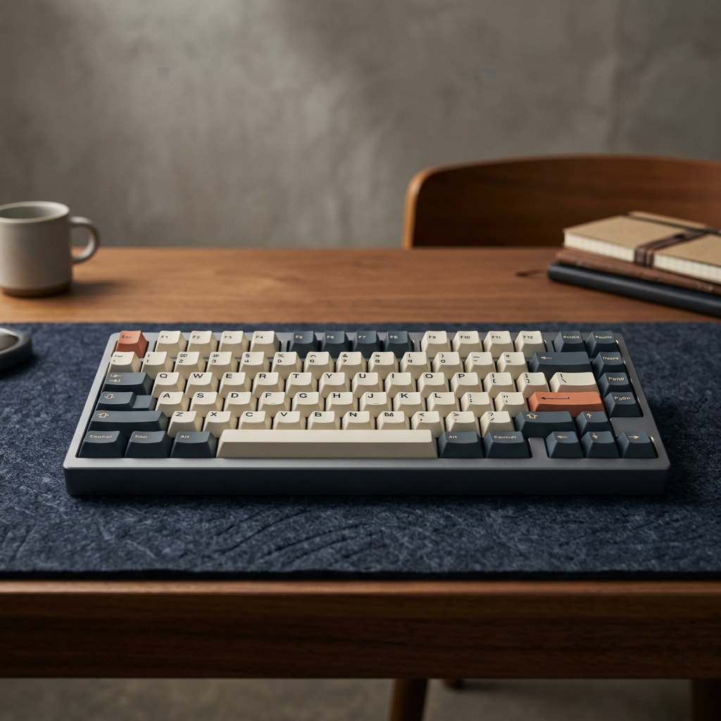 A minimalist studio shot of a high-end mechanical keyboard with soft directional lighting highlighting the texture of th