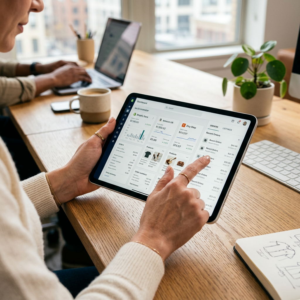 A close-up of a person's hands using a tablet to browse a clean, well-designed ecommerce interface in a bright office