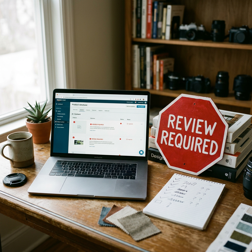 A cluttered studio desk with a laptop showing a rejected Amazon A+ Content dashboard alongside a red 'Review Required' a