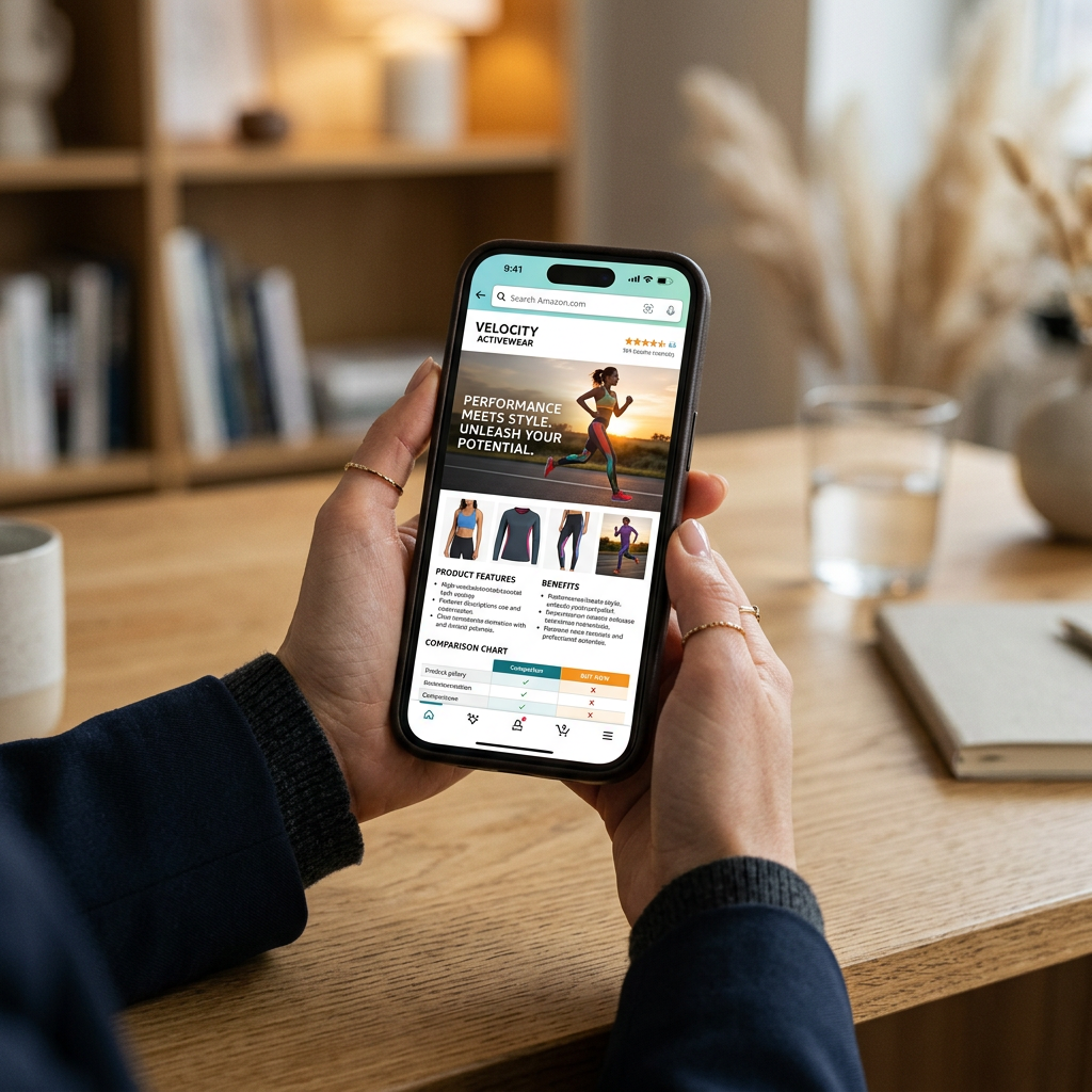 A close up of a high-resolution smartphone displaying a perfectly formatted Amazon product page with vivid lifestyle ima