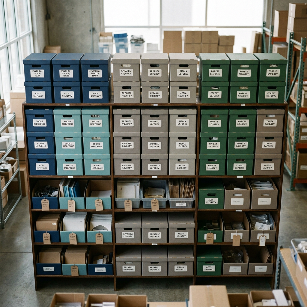 A top-down view of organized retail inventory boxes color-coded by size and shade under soft studio lighting