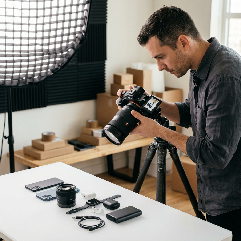 Professional photography setup with a camera on a tripod capturing a variety of electronic gadgets on a white table