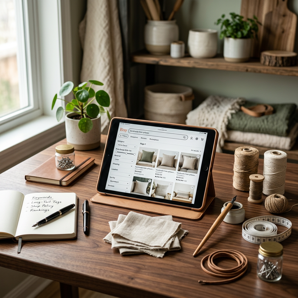 A high-end wooden desk with various organized crafting tools and a tablet showing a complex search filter interface on a