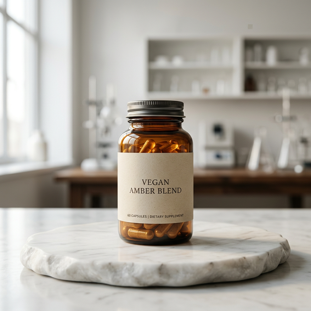 A clean, minimalist laboratory setting with a glass bottle of amber capsules on a white marble slab, soft natural light