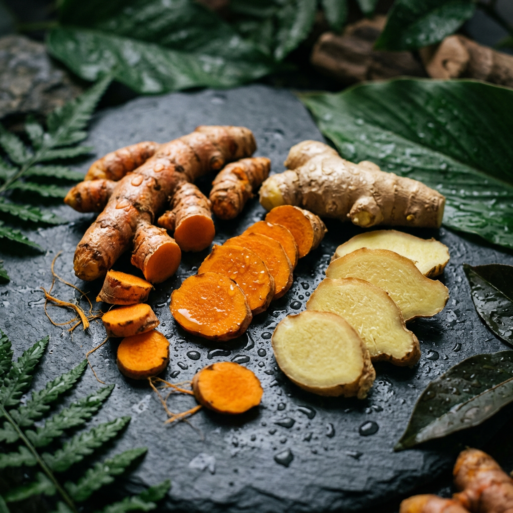 Macro photography of raw botanical extracts like turmeric root and ginger slices arranged artfully with water droplets