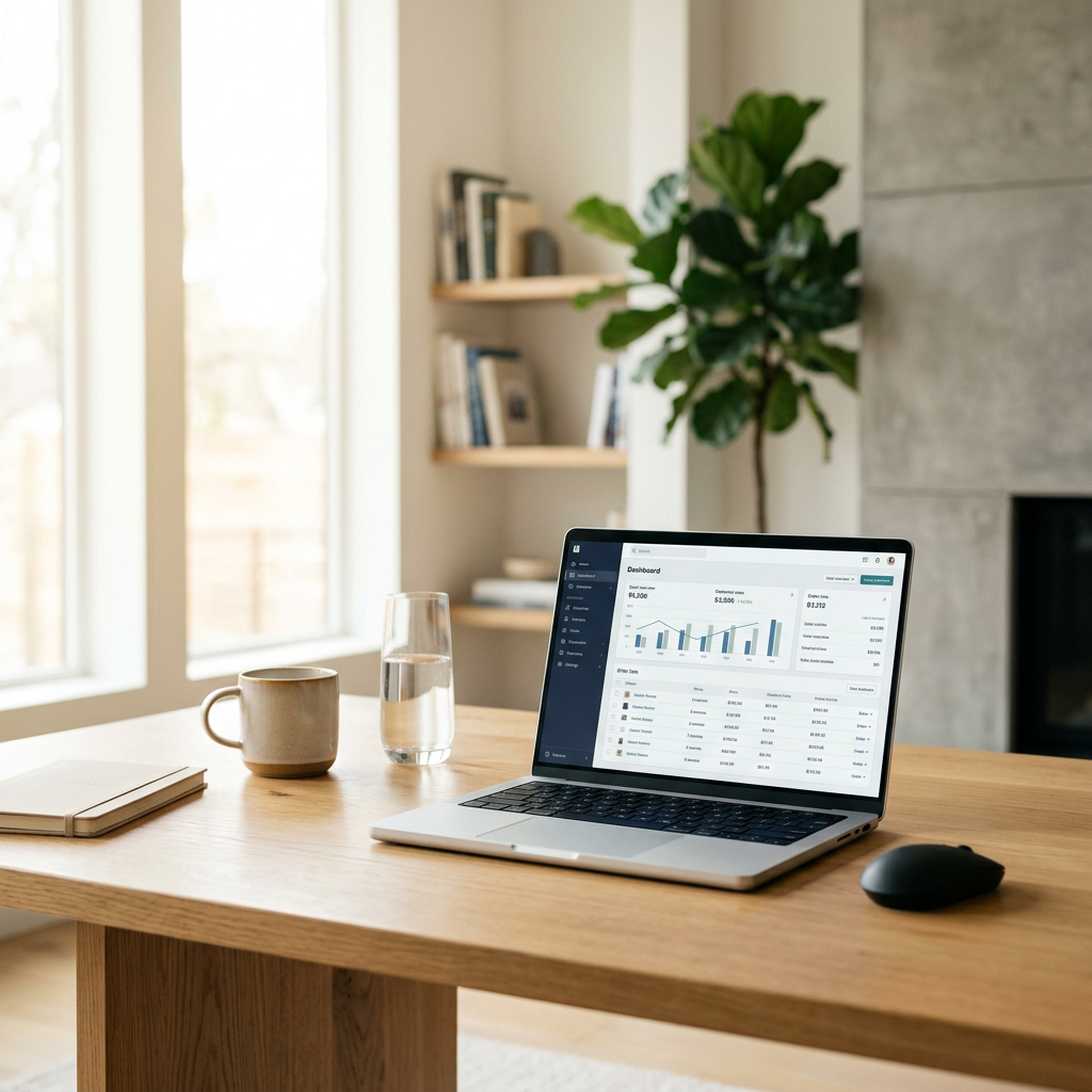 A high-end minimalist wooden desk with a laptop displaying a clean Shopify dashboard next to a glass of water, bright na