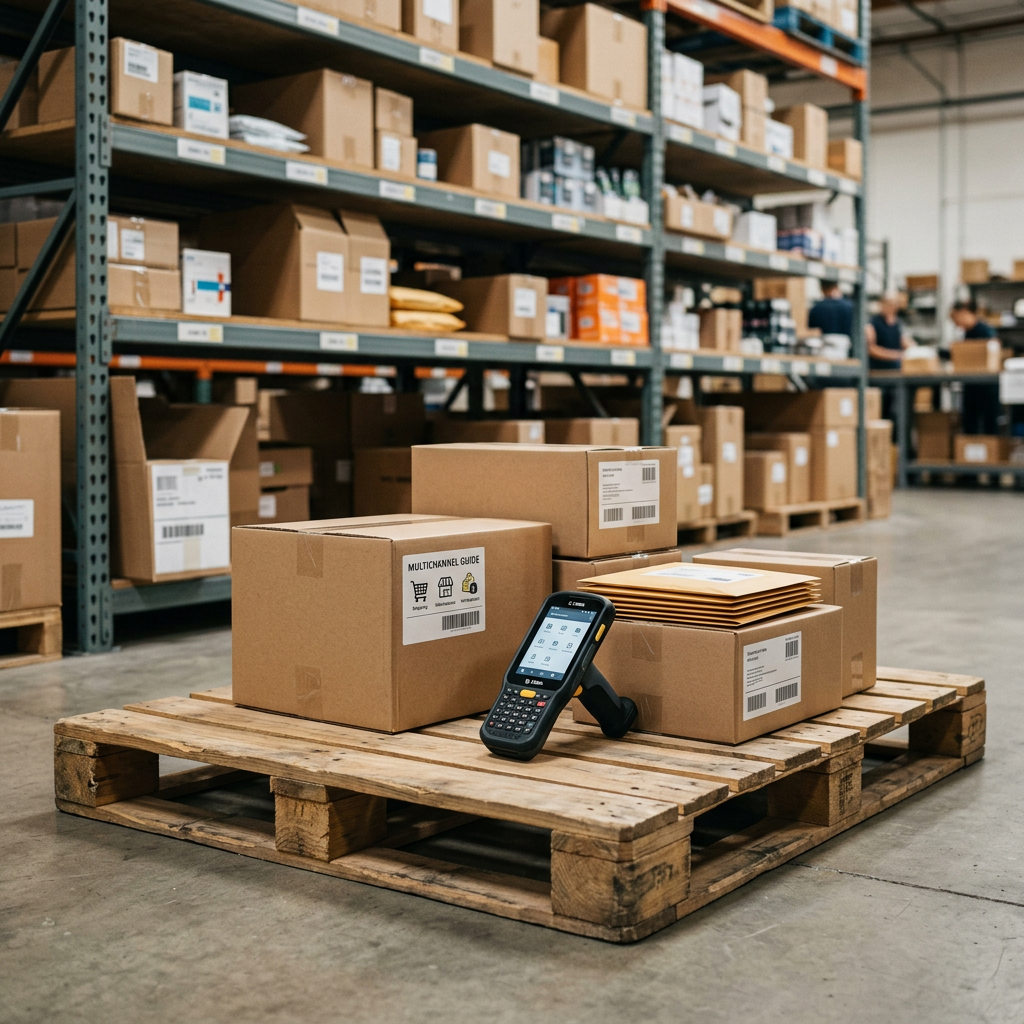 An organized warehouse shelf with labeled boxes and a handheld digital scanner resting on a wooden pallet, soft industri