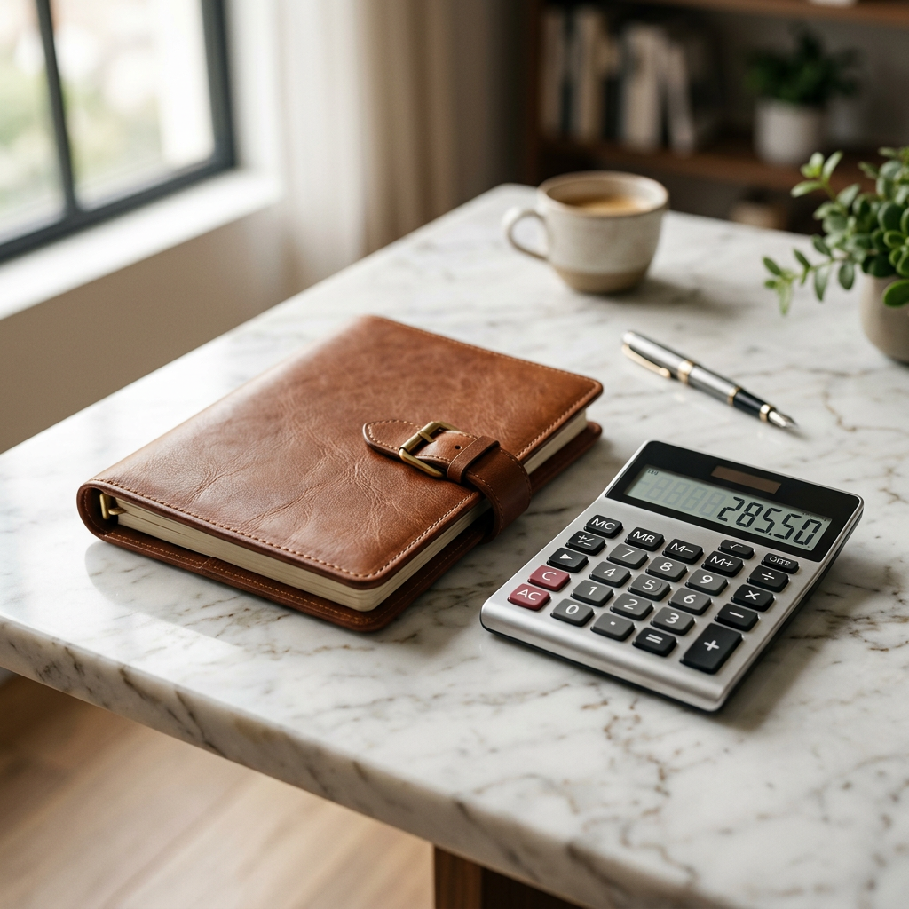 A close-up of a high-quality leather planner and a modern calculator on a marble tabletop, focused and professional atmo