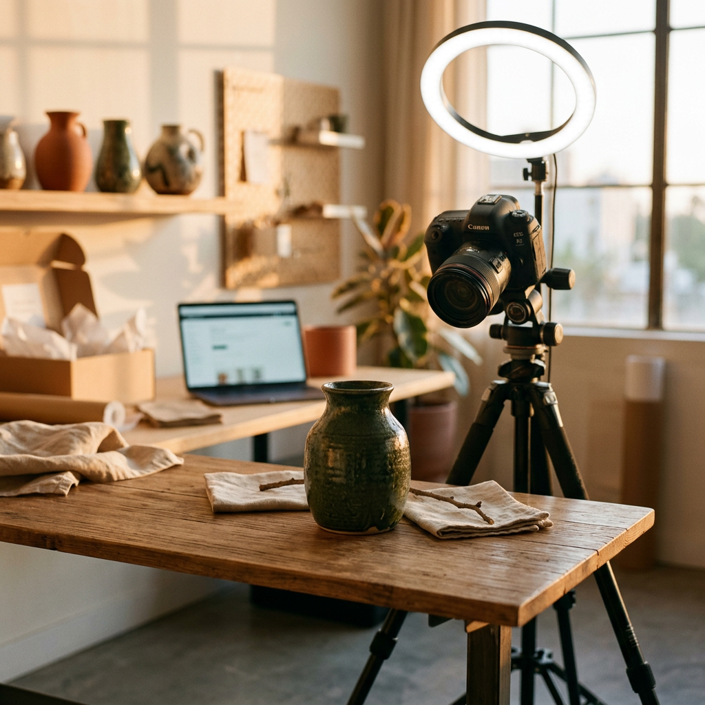 A modern studio space with a ring light and a camera focused on a small handmade ceramic vase, warm sunset lighting