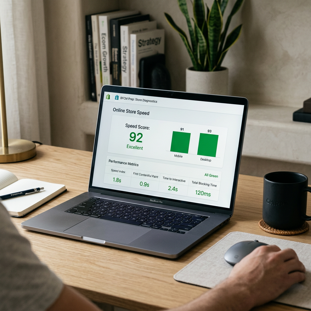 A minimalist workstation showing a high-resolution laptop screen displaying a Shopify speed diagnostic report with green