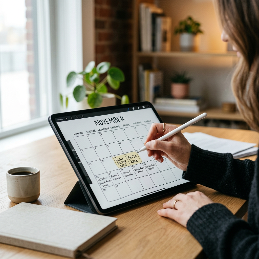 A close-up of a hand using a digital stylus on a tablet to sketch a marketing content calendar