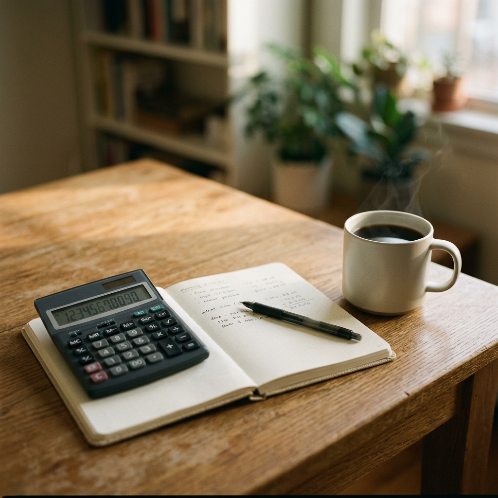 A wooden desk with a calculator, a notebook, and a clean cup of black coffee in morning light