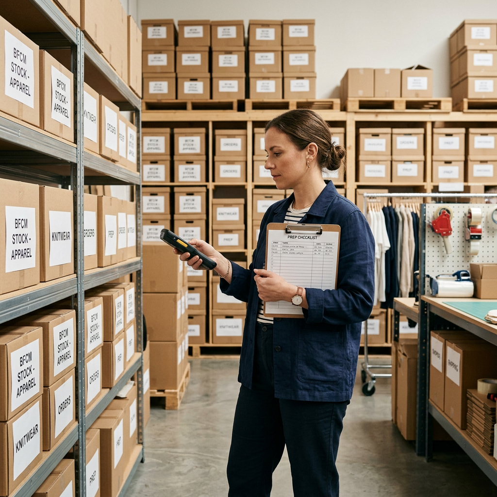 A clean, organized boutique warehouse with labeled boxes and a staff member checking a handheld scanner