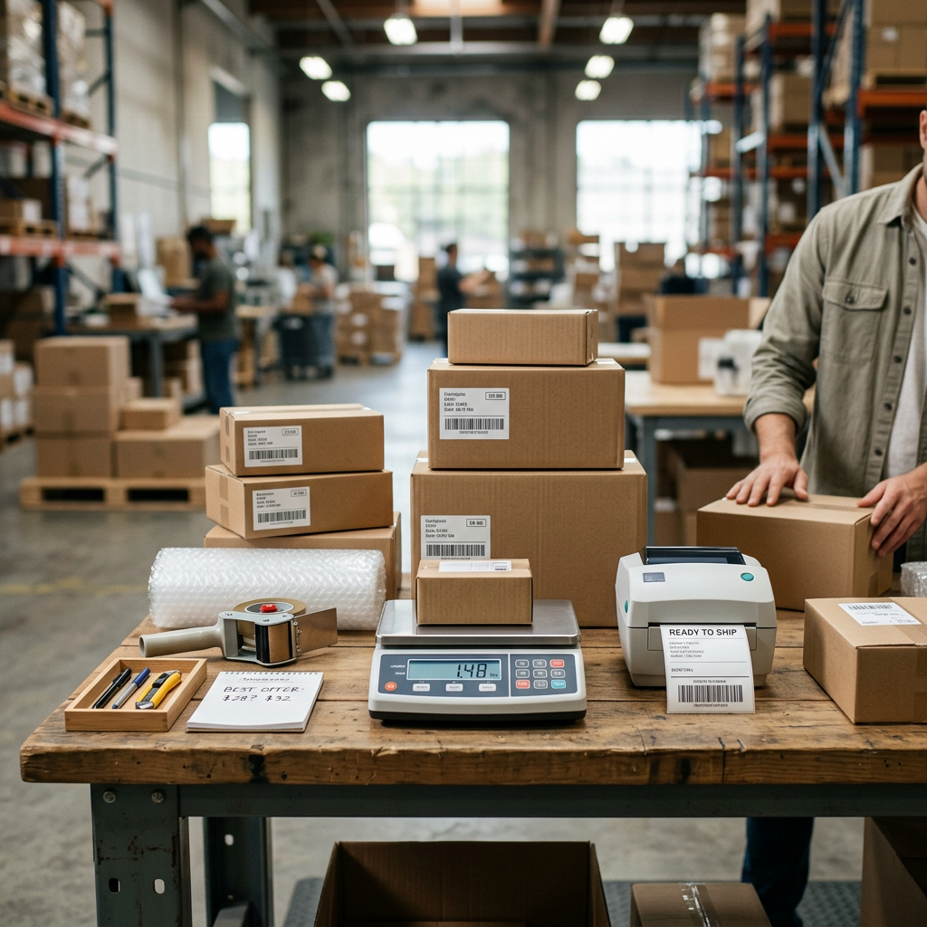 A modern organized warehouse workstation with a digital scale, thermal label printer, and various sized ecological shipp