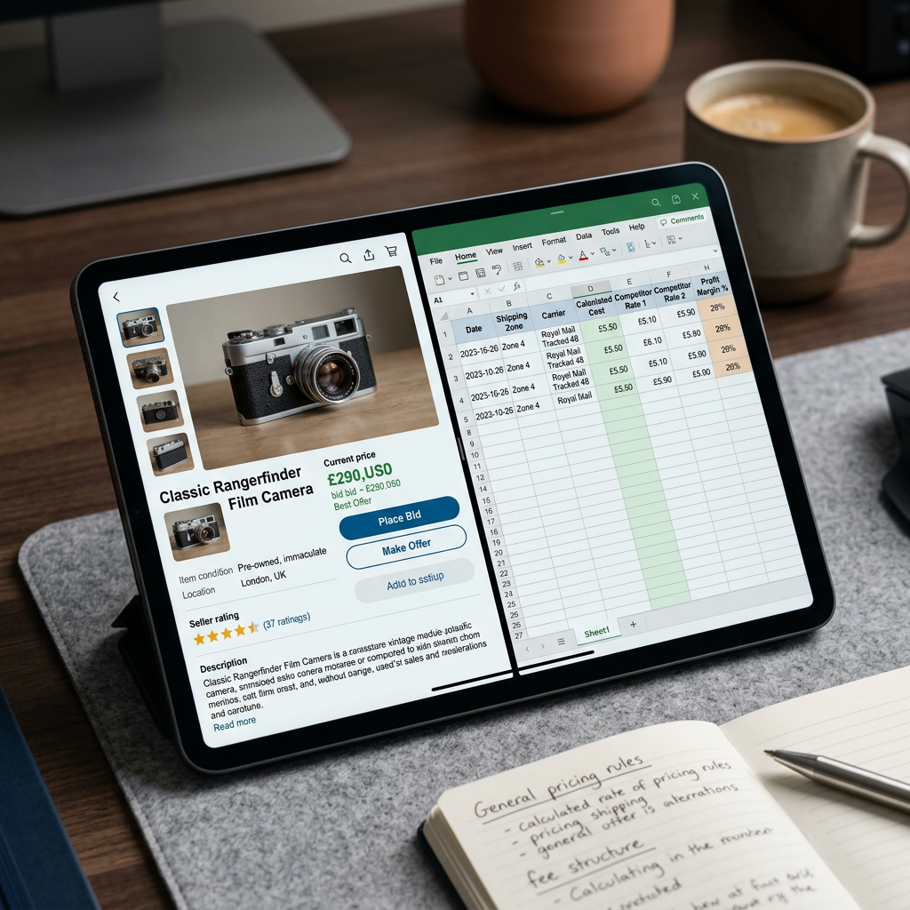 A split-screen digital mockup showing an eBay listing on one side and a shipping cost spreadsheet on the other