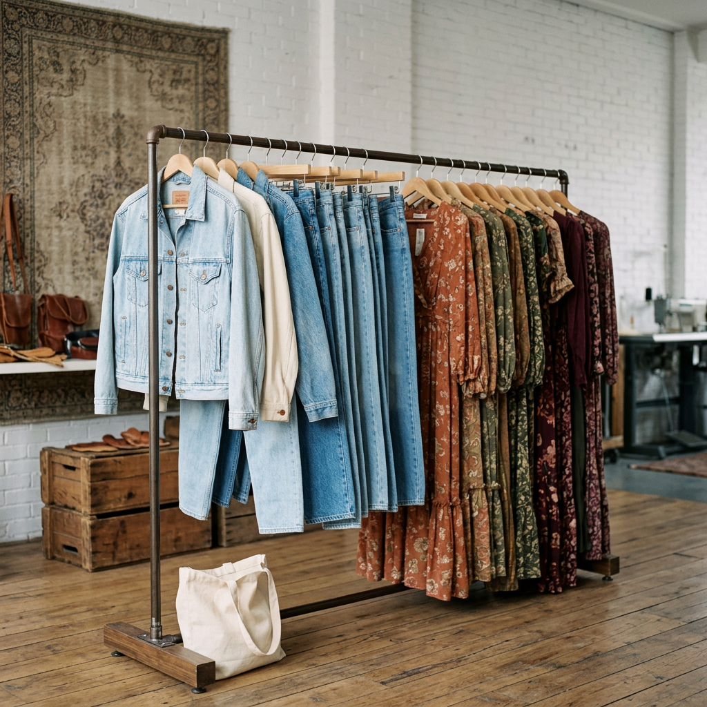 A high-end vintage showroom featuring organized racks of 90s denim and 70s bohemian dresses under bright studio lighting