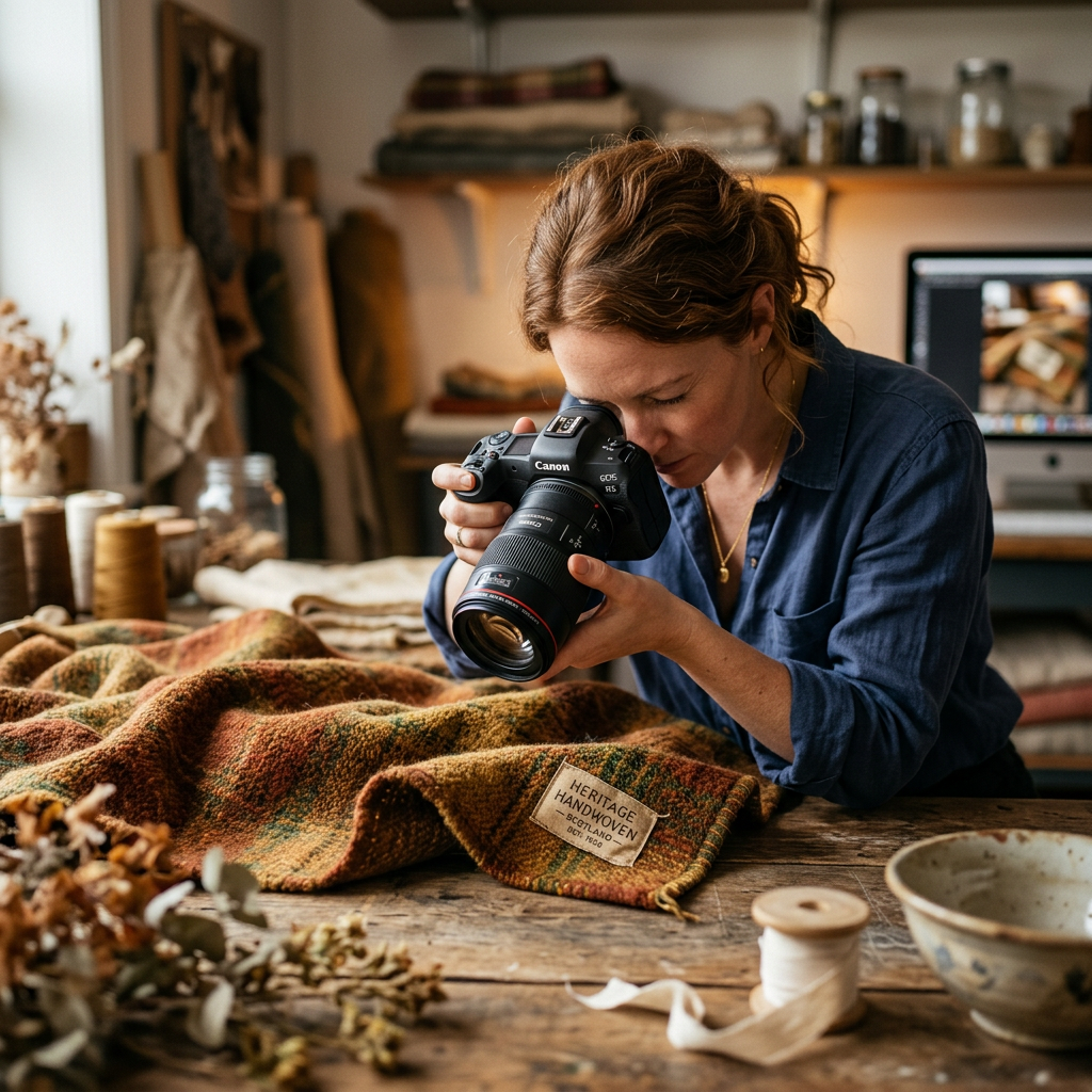 A photographer using a digital SLR to capture detailed macro shots of a vintage garment's tag and fabric texture