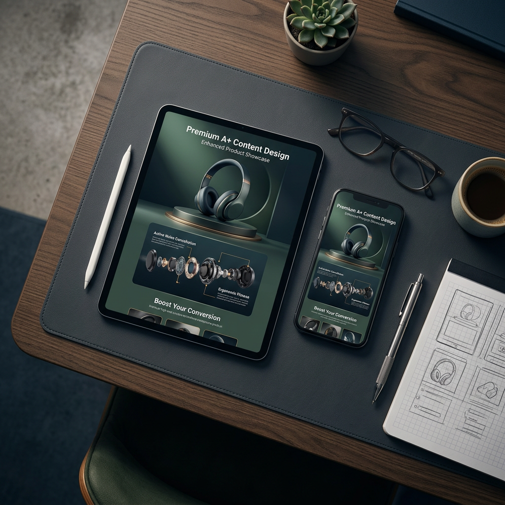 A top-down view of a designer's workspace featuring a tablet and smartphone displaying identical synchronized Amazon pro
