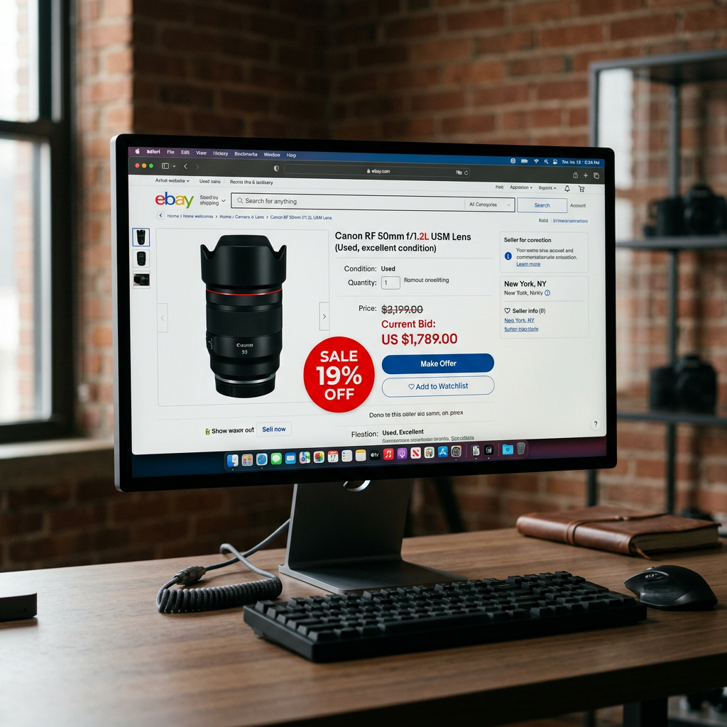 A high-end camera lens listing on a computer screen showing a prominent red sale badge and a strike-through price discou