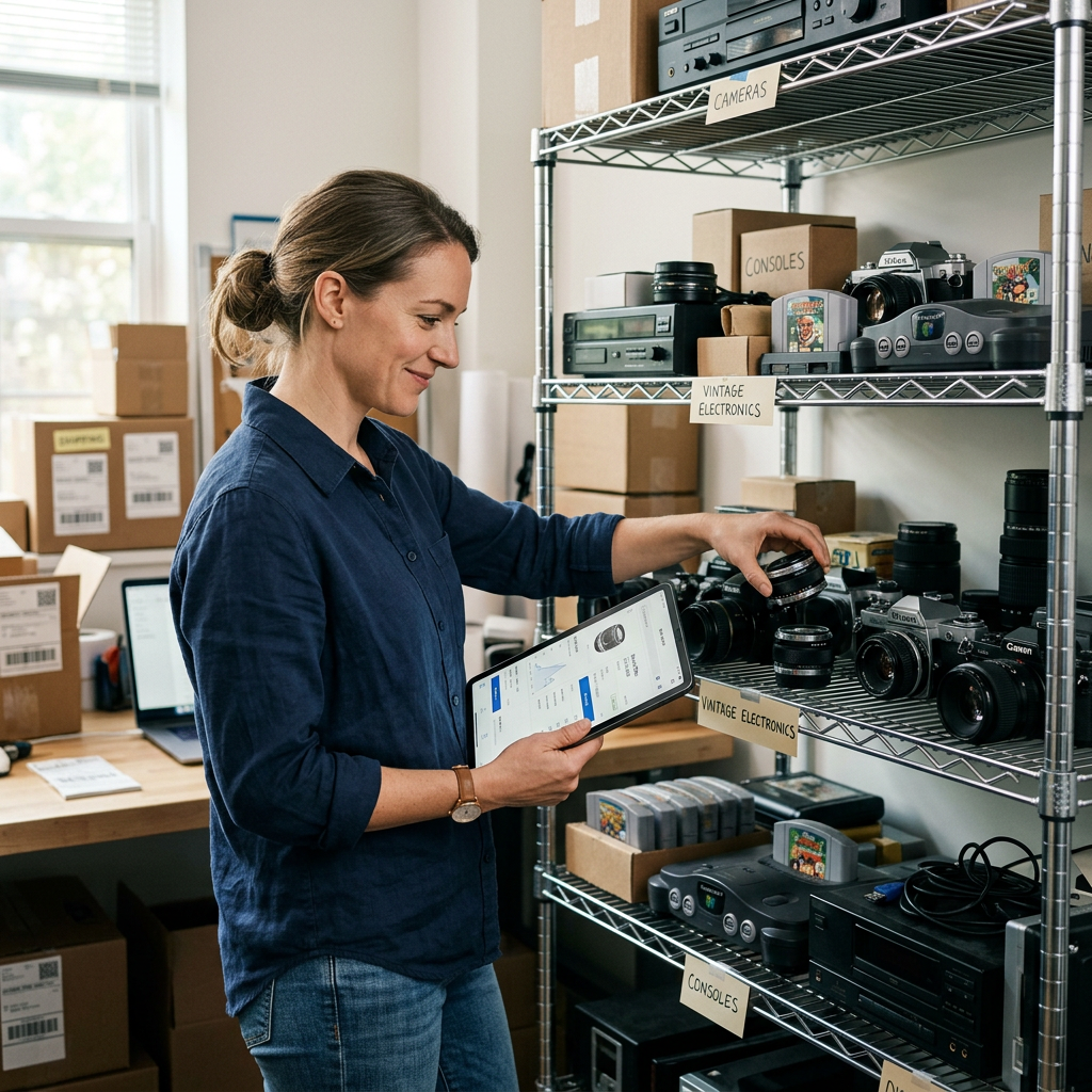 A cluttered shelf of electronics being organized by a seller who is checking prices on a tablet in a bright office